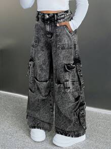 SHEIN Tween Girls Y2K 宽松休闲牛仔裤，带口袋、褶皱和阔腿设计，女孩休闲纽扣、口袋、拉链低腰阔腿长蓝色宽松女孩牛仔裤，秋冬，休闲日常穿着