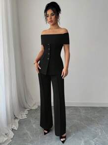 Elenzga 女士露肩收腰连体裤，优雅、浪漫、简约，适合通勤 - 黑色 - 查看 5