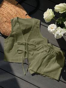 Comfortcana 2 件套夏季橄榄绿系带短款无袖上衣和短裤休闲女装 - 軍綠色 - 查看 6