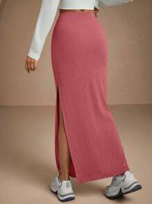 EURMUSE Women Solid Color Slit Detailed Tube Skirt - Dusty Pink - View 2