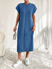 EURMUSE Solid Button Detail Batwing Sleeve Sweater Dresss,Winter Dresses For Women,Petite - Navy Blue - View 7