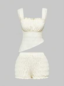 ROMWE Kawaii 2pcs/Set Women Minimalist Sexy Casual Camisole & Ruffled Shorts Set - Apricot - View 1