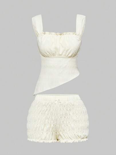 Kawaii طقم قميص كسرول وشورتس مخرم 2 قطعة للنساء، بسيطة وكاجوال وجذابة