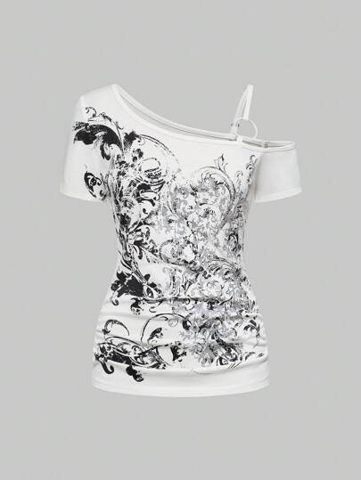 Grunge Punk Cute Tropical Purple Vine Cross Shoulder Sleeveless Elastic Shirred Women's T-Shirt, Suitable For Summer Beach, Graduation, Easter, Concerts, Nashville Vacation, Elegant