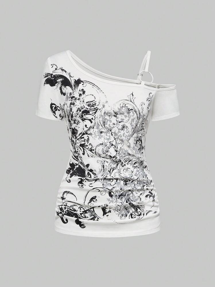 ROMWE Grunge Punk Mignon T-shirt femme à épaules croisées sans manches, motif de vignes tropicales violettes, élastique froncé. Convient pour l'été, la plage, la remise des diplômes, Pâques, les concerts, les vacances à Nashville, élégant