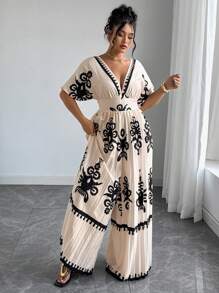 SHEIN Tall Plus Size Women High-Waist Elegant Plaid Ruched Jumpsuit, Suitable For Vacation