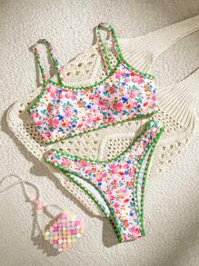 Swim Mod 2件組可愛碎花細肩帶比基尼套裝，女孩夏季海灘度假泳裝 - 彩色 - 查看 2