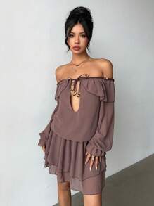 Aloruh Vestido corto con hombros descubiertos, manga larga y ribete con volantes de moda para mujeres - Café integral - Ver 7