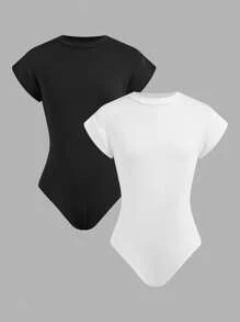 2pcs/Set Tween Girl Fitted Casual Simple Comfortable Stand Collar Short Sleeve Buy One Get One Free Jumpsuit