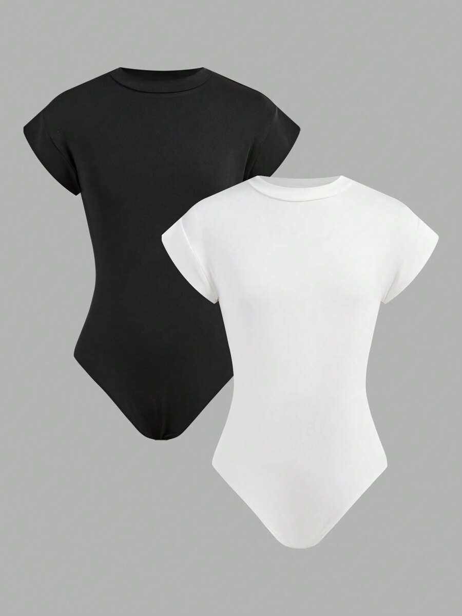 2pcs/Set Tween Girl Fitted Casual Simple Comfortable Stand Collar Short Sleeve Buy One Get One Free Jumpsuit