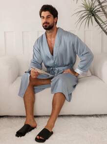 DAZY Men's Comfortable Drawstring Bathrobe, Blue, Spring/Summer Pajama