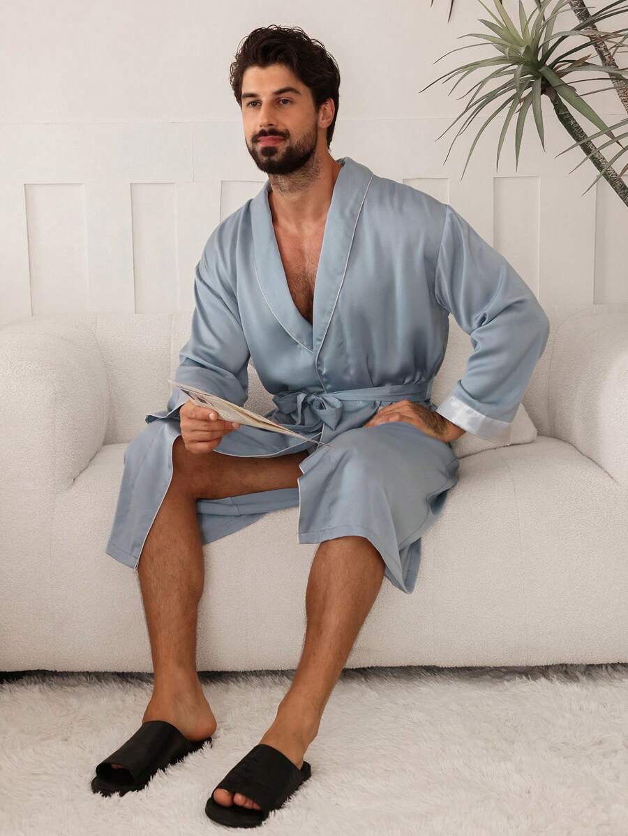 DAZY Men's Comfortable Drawstring Bathrobe, Blue, Spring/Summer Pajama