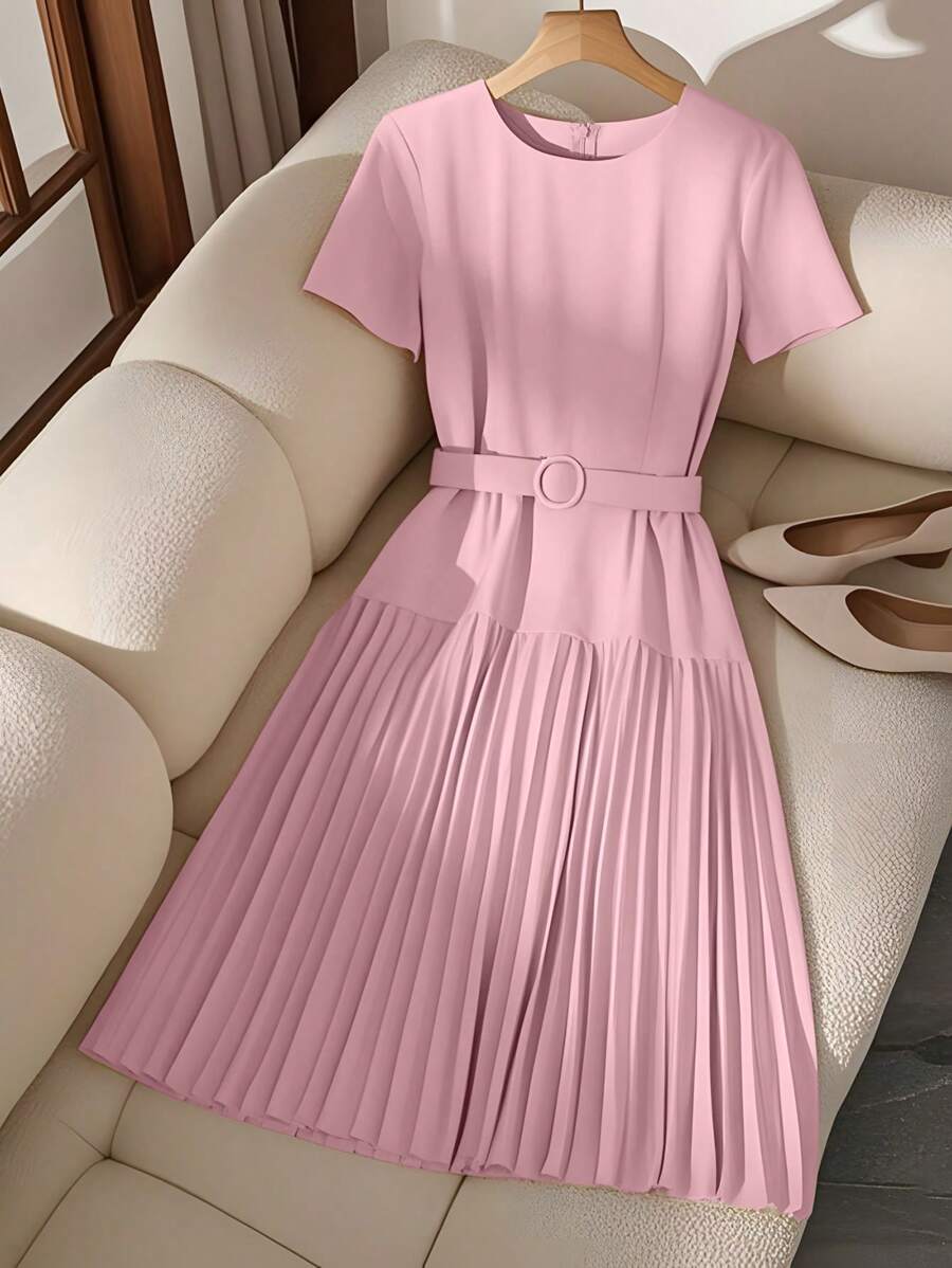 Franclia 优雅收腰圆领短袖束腰拼接褶皱杏色中长连衣裙，女士春夏装 - 淺粉色 - 查看 1