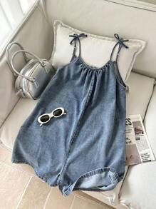 SHEIN Tween Girls Summer Boho Comfortable Simple Base Bowknot Loose Fit Blue Denim Jumpsuit Overalls Shorts For Tween Girl Clothes Girls Costume Dailywear And Girls Summer And Spring Clothes - Medium Wash - View 7