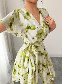Rafferiza Printing V-Neck Ruffle Sleeve Spring Women Dress - Green - View 3