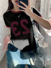 DAZY maglietta casual a maniche corte da donna con logo a contrasto, stile sportivo e casual da strada adatta per adolescenti