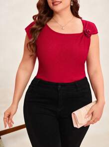 Reflora Einfaches Lässig-Top in Große Größen mit einfarbiger 3D-Blumenverzierung, Alltagskleidung für Valentinstag