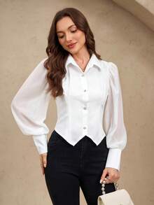 EMERY ROSE Nueva camisa elegante de moda con manga abullonada y abotonada, blusa de ajuste elegante y ceñido con manga transparente - Blanco - Ver 5