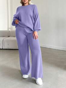 EURMUSE 2pcs Plus Size Solid Color Long Sleeve Sweater Top And Pants Set - Lilac Purple - View 1