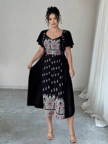 Elenzga Vestido de línea A con mangas con volantes y estampado floral retro para mujer talla grande - Negro - Ver 3