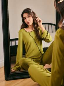 Lowkey Lull Women Ruffled Trim Long Sleeve Slit-Hem Top And Pants Home Wear Set, Fall Clothes - Green - View 5