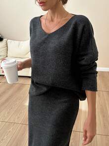 EURMUSE Modern Muse Ribbed Knit Maxi Skirt Oversized Casual Sweater Set Louchy Cold Shoulder Co-Ord Set In Charcoal Gray,Petite,Autumn Clothes Home Everyday - Dark Grey - View 7