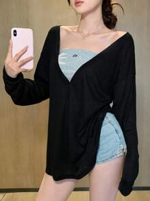 DAZY 女士休闲宽松简约深V领长袖长T恤，夏季 - 黑色 - 查看 5