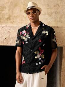 Manfinity BRENVOR 休闲男士海滩度假浪漫刺绣翻领短袖衬衫 - 黑色 - 查看 7