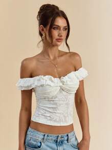 SHEIN BAE Spring And Summer Solid White Texture Floral Three-Dimensional Knitted Off-Shoulder Lotus Leaf Collar Tight-Fitting Elegant Ladies Tops,Summer Tops,Tube Top,Vacation Outfits Woman,White Top,Crop Tops,Cute Tops,Valentine's Day,Valentine Outfits For Women - White - View 4