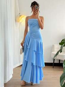 Chiquease Elegant High-Waisted Strap Maxi Dress, Chic And Sophisticated French Style - Blue - View 3