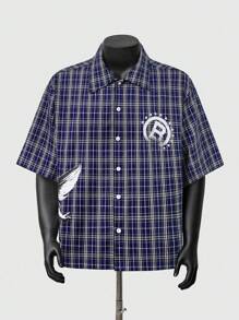 ROMWE MEN Street Life Áo sơ mi nam tay ngắn lấy cảm hứng từ phong cách đường phố Mỹ với họa tiết kẻ caro hình thiên thần trẻ em, thiết kế mùa hè - Màu xanh hải quân - Xem 3