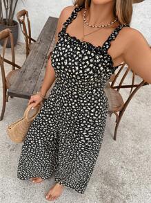 SHEIN VCAY 加大码女式碎花荷叶边阔腿连体裤，适合度假 - 彩色 - 查看 4