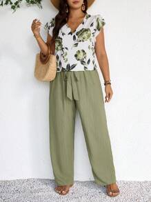 SHEIN Frenchy 舒适夏季加大码两件套度假装，带口袋、蝴蝶结腰带和树叶图案