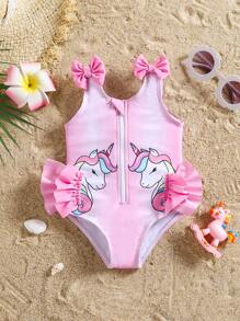 Newborn Baby Zip-Up Swimsuit, Cute 3D Pink Design - Baby Pink - View 3