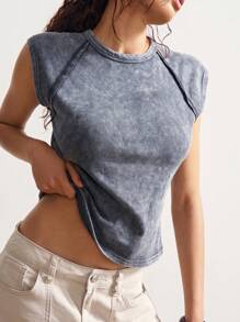 Bohemela Solid Color Knit Crew Neck Form-Fitting Washed Women T-Shirt - Grey - View 3