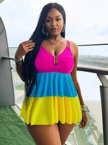 Slaydiva Women Plus Size 2 Pieces Bikini Set, Solid Color Patchwork Swimdress, Summer Holiday - Multicolor - View 3