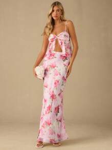 Enchnt Spring/Summer Romantic Women Flowers Printed Sling And Elegant Skirt ,Two Pieces Outfits For Daily Wear, Casual&Comfortable For Birthday&Holiday Party&Sweet Date&Vacation&Wedding Season Essential,Summer Versatile Outfits For Women,Concert Outfit Women,Easter Outfit Women - Pink - View 1