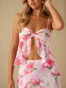 Enchnt Spring/Summer Romantic Women Flowers Printed Sling And Elegant Skirt ,Two Pieces Outfits For Daily Wear, Casual&Comfortable For Birthday&Holiday Party&Sweet Date&Vacation&Wedding Season Essential,Summer Versatile Outfits For Women,Concert Outfit Women,Easter Outfit Women - Pink - View 2