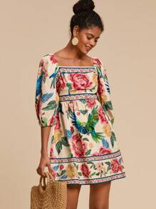 Travachic TRVLCHIC 女式时尚短裙，适合夏季度假风格，编织图案印花，女士休闲夏季度假装，波西米亚海滩度假装，波西米亚风时尚，节日装，女士沙滩装，女士夏季装，毕业装，夏季太阳裙，女士生日礼服，海滩必备品，茶会礼服，泡泡袖，7 月 4 日女士，俱乐部装度假装，波西米亚风女士服装 - 彩色 - 查看 3