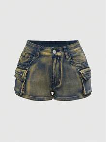 Quần short mini cạp thấp vải denim rách cỡ lớn dành cho nữ, phong cách đường phố Wasteland Punk - Màu vàng - Xem 1