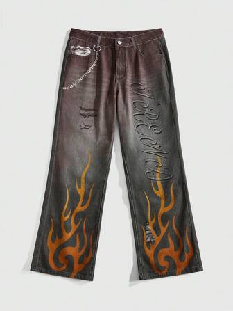 Street Life Pantalones sueltos de pierna recta con efecto de mezclilla y estampado digital con llamas para hombres