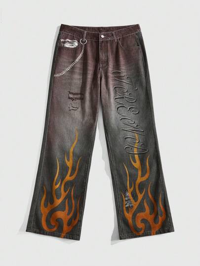 Street Life Men's Loose Straight Leg Trousers With Denim Effect Flame Digital Print