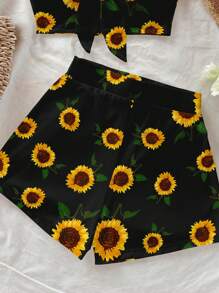 Soleia 女士休闲度假打结前抹胸上衣和紧身迷你短裤套装，适合夏季，向日葵和花卉印花 - 黑色 - 查看 3