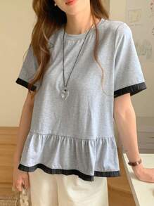 DAZY Women Patchwork Color Block Casual Short Sleeve Loose Cute Lace Trim T-Shirt, Summer - Grey - View 6