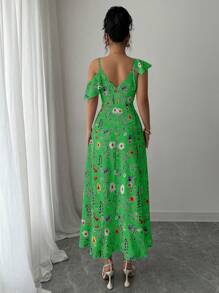 Elenzga Vestido de vacaciones con estampado floral y volantes asimétricos para mujeres - Verde - Ver 2