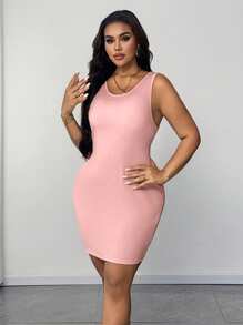 SHEIN Unity Elegant Round Neck Slim Fit Spring/Summer Outfit - Pink - View 3