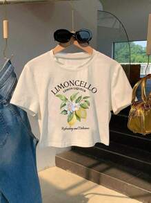 女士夏季字母水果印花圆领短袖休闲T恤，柠檬酒图案清爽美味短上衣 - 白色 - 查看 1