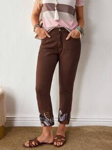 EMERY ROSE Women's Solid Color Denim Jeans, Fashionable For Summer - Brown - View 8