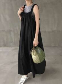 FRIFUL Women Casual Solid Color Sleeveless Ruched Hem Patchwork Long Dress, Summer Black Sundress Women Black Summer Dress Women Long Black Sundress Casual Long Black Dress Black Jumper Dress - Black - View 2