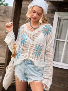 LanaWest Women's Loose Fit V-Neck Floral Hollow-Out Long Sleeve Sweater, Casual Everyday Wear Knit Pullover Fall Winter